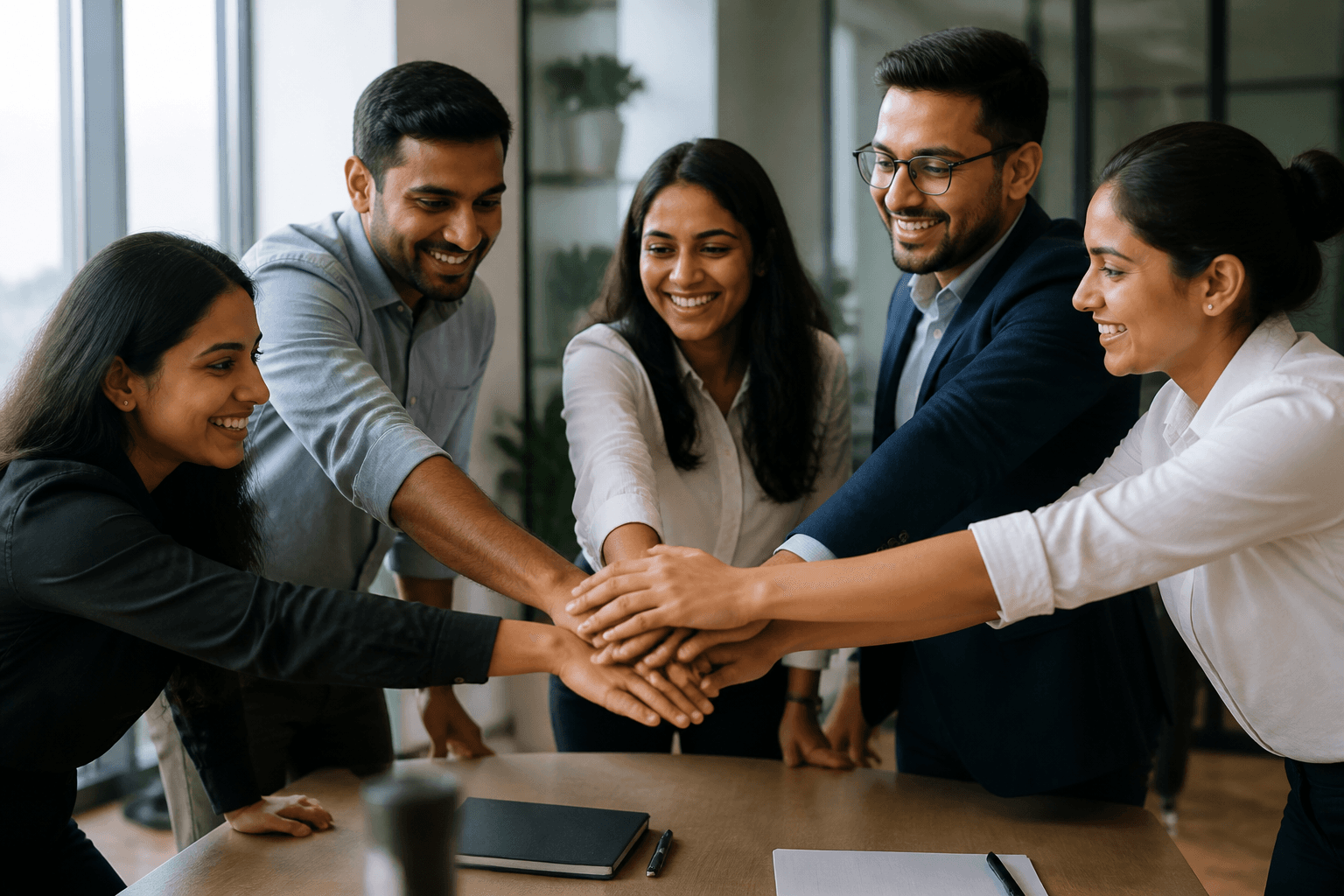 Professionals placing their hands together in a teamwork gesture